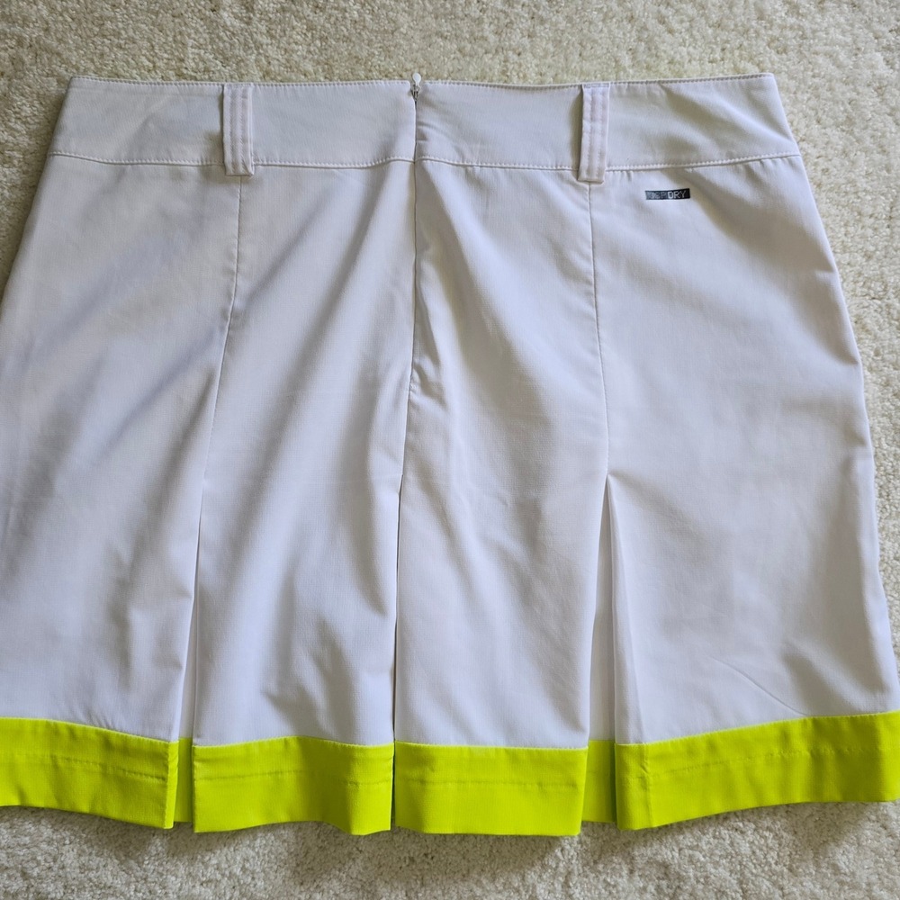 Puma Golf Skort Women's Size 8 Performance Pleated Zip‎ White Neon Yellow Green